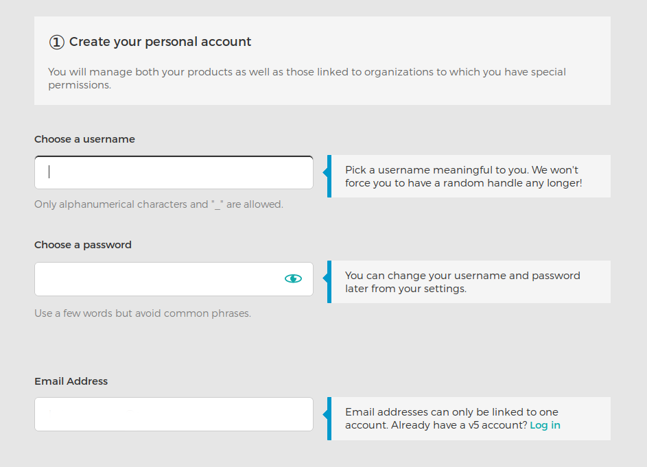 Step One: Create your personal account. Asks for username, password, and email address.