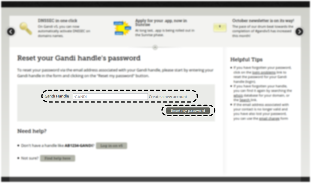 Enter your Gandi handle then click "Reset my password".