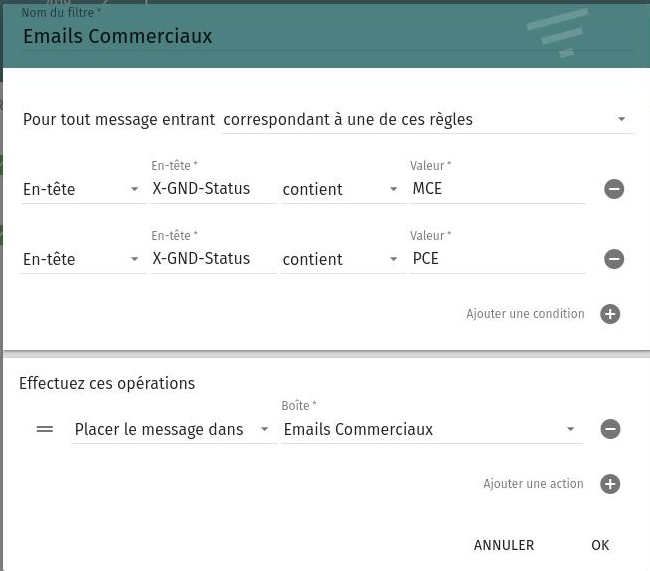 Filtre créé dans Webmail SOGO