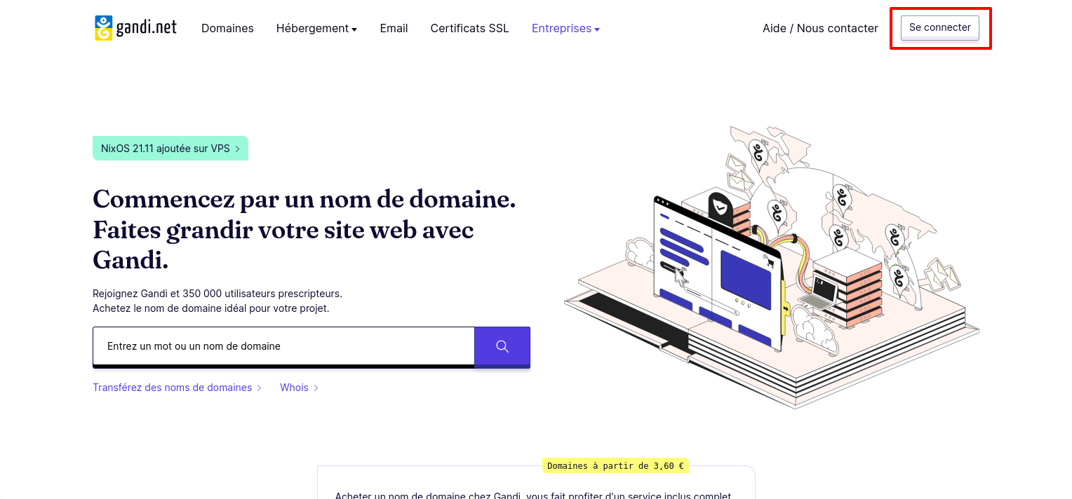 Homepage Gandi - Accéder à l'interface de connexion